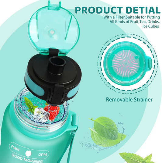 32oz Motivational Water Bottle with Times to Drink,Time Marker & Removable Strainer,Fast Flow,Leakproof Tritan BPA Free Non-Toxic Water Jug for Fitness,Gym,Sports