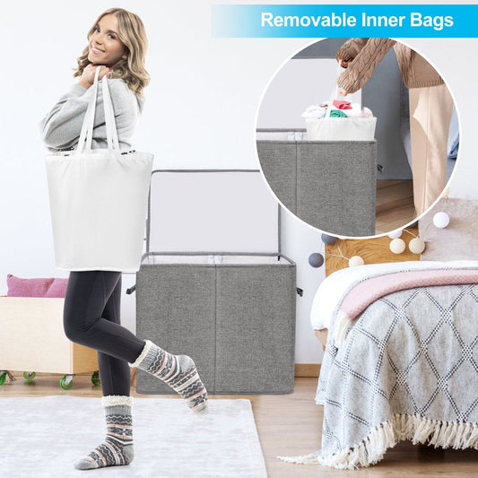 Double Laundry Hamper with Lid and Removable Laundry Bags, Large Collapsible 2 Dividers Dirty Clothes Basket with Handles for Bedroom, Laundry Room, Closet, Bathroom, College, Dark Gray