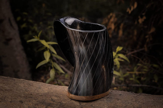 Engraved Medieval Norse Style Polished Drinking Horn Mug - with Horn Shot Glass | Bottle Opener | Golden Gift Bag | Large Horn Spoon | 20 Oz. (Carved Mug)