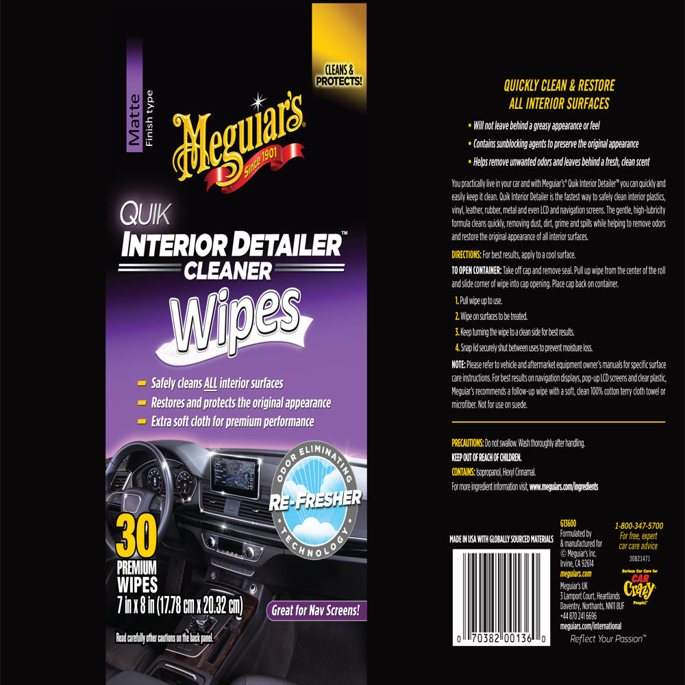Meguiar's Quik Interior Detailer Cleaner Wipes, 30 Wipes