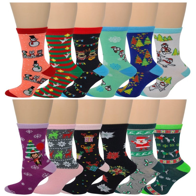 12 Pairs Women's Christmas Novelty Fun Design Crew Socks