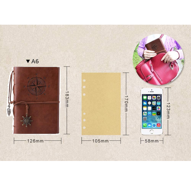 Vintage Refillable Journey Diary, Classic Embossed Travel Journal Notebook with Blank Pages and Retro Pendants