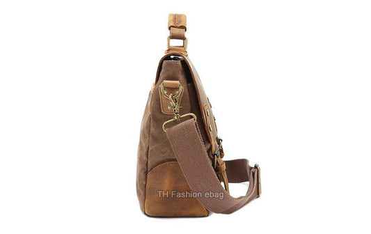 Vintage Leather and Canvas Mens Briefcase Business Portfolio Messenger Bag