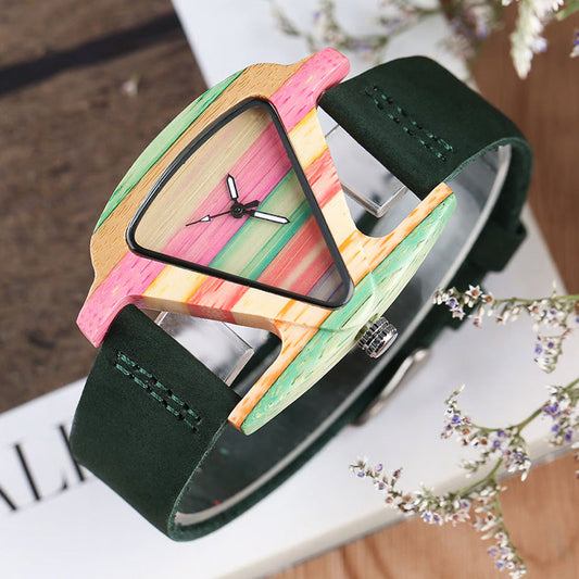 Women's Colorful Wooden Triangular Quartz Wristwatch