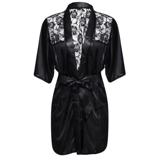Lingerie Plus Size Satin Lace Black Kimono Intimate Sleepwear Robe Night Gown Women Underwear