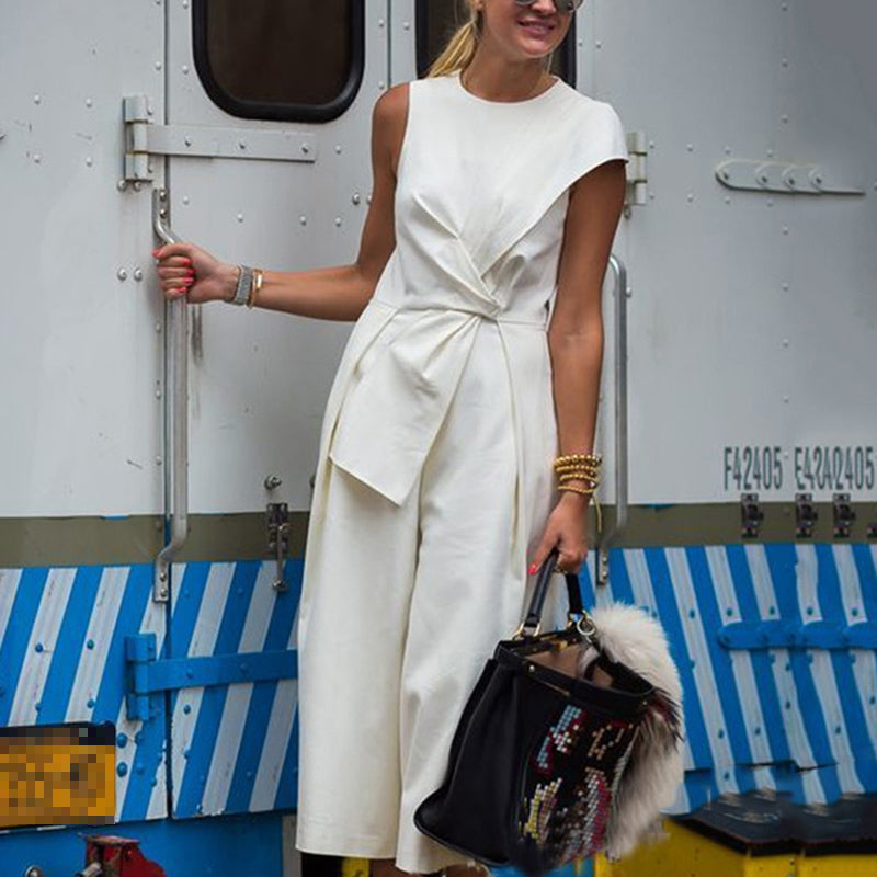 TWOTWINSTYLE Sleeveless Jumpsuits Female Patchwork Tunic High Waist Ankle Length Wide Leg Trousers Summer Tide OL Clothes