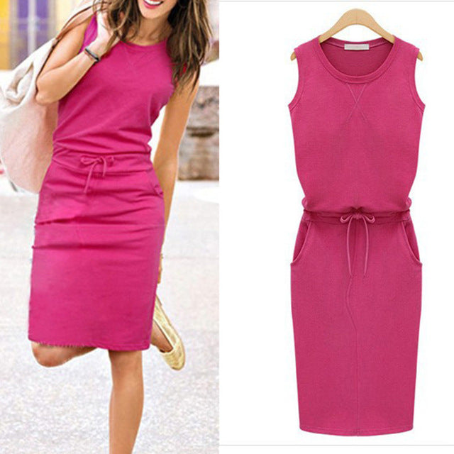 Summer Women Dress Fashion Solid Cotton Slim Fit Pockets Pencil Dresses Work Sleeveless Casual Dress Robe Femme