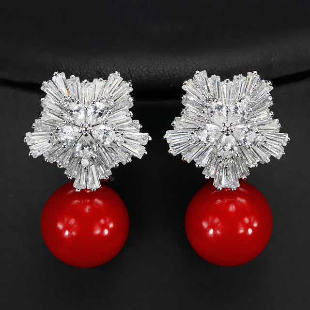 CWWZircons Snow Flower Design Women Big Drop White Pearl Earrings With Cubic Zirconia Christmas Gift