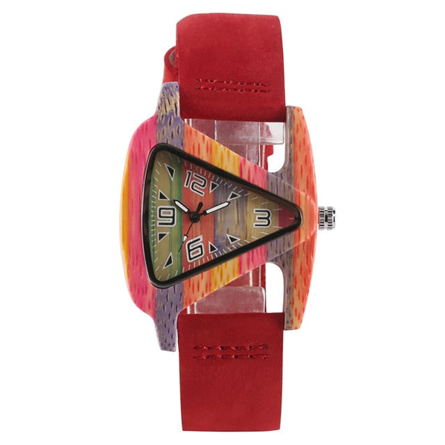 Women's Colorful Wooden Triangular Quartz Wristwatch