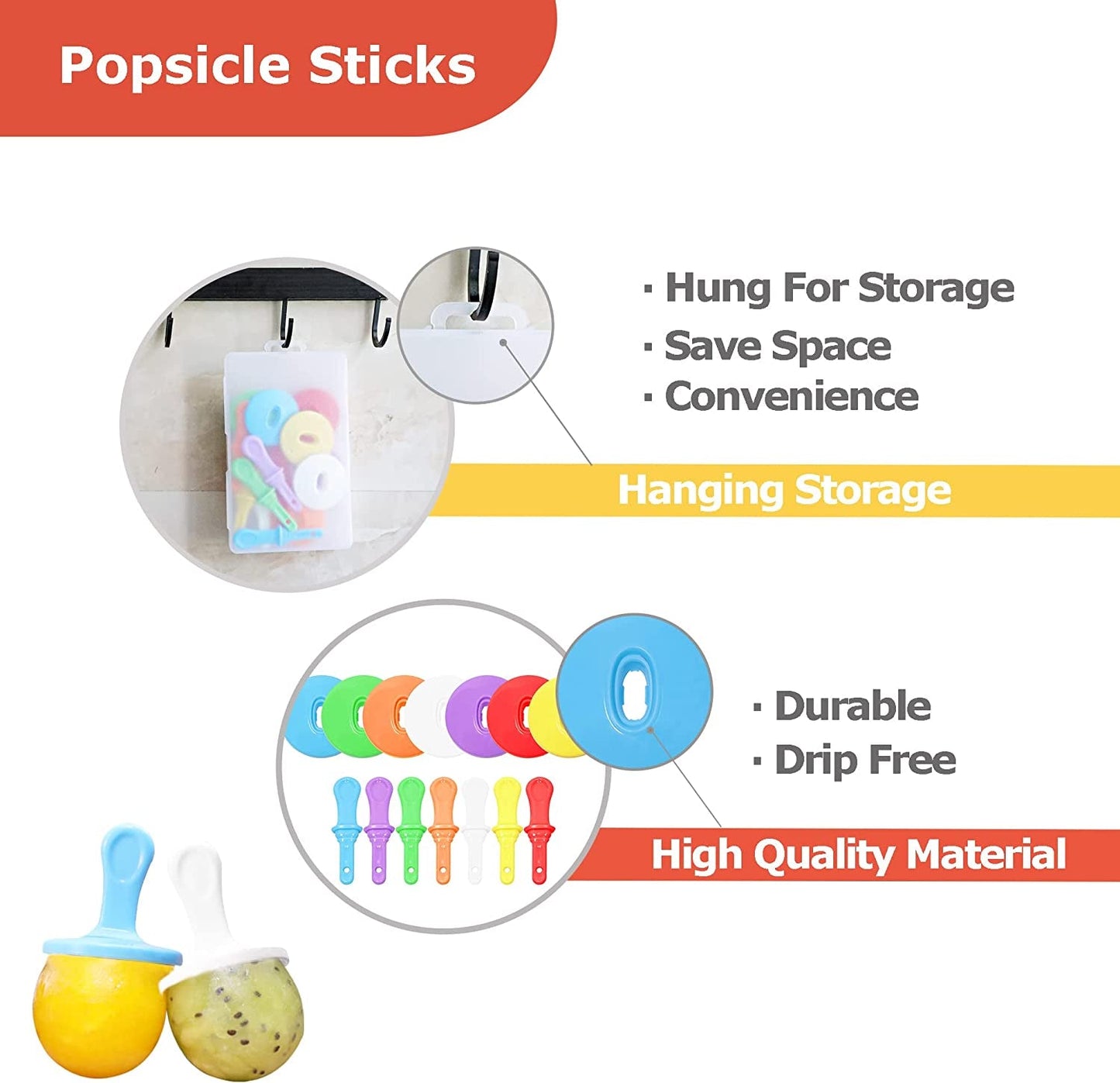  Holders for Kids Drip Free Ice Cream Sticks for Ice Pop Molds Colorful Craft Stick (7 PCS)