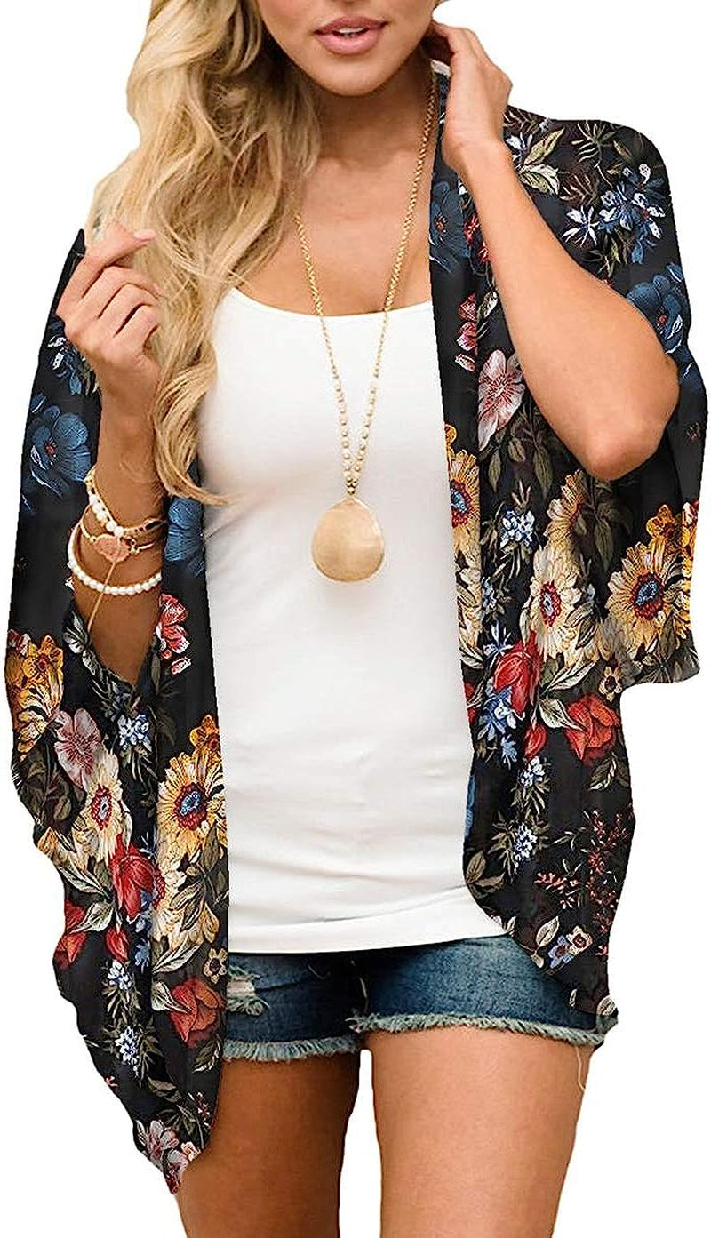  Women Floral Leaf Kimono Summer Cardigan Sheer Loose Half Sleeve Beach Shawl Chiffon Cover Up Casual Blouse Tops
