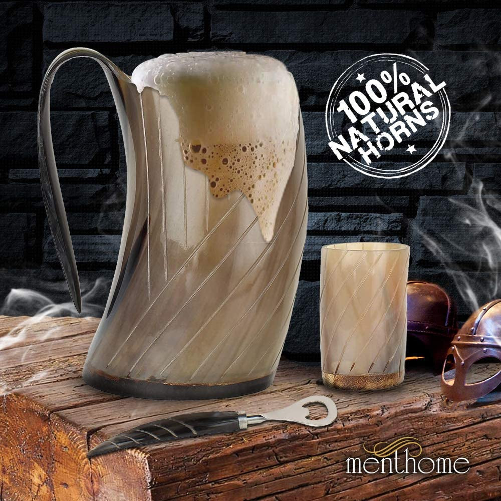 Engraved Medieval Norse Style Polished Drinking Horn Mug - with Horn Shot Glass | Bottle Opener | Golden Gift Bag | Large Horn Spoon | 20 Oz. (Carved Mug)