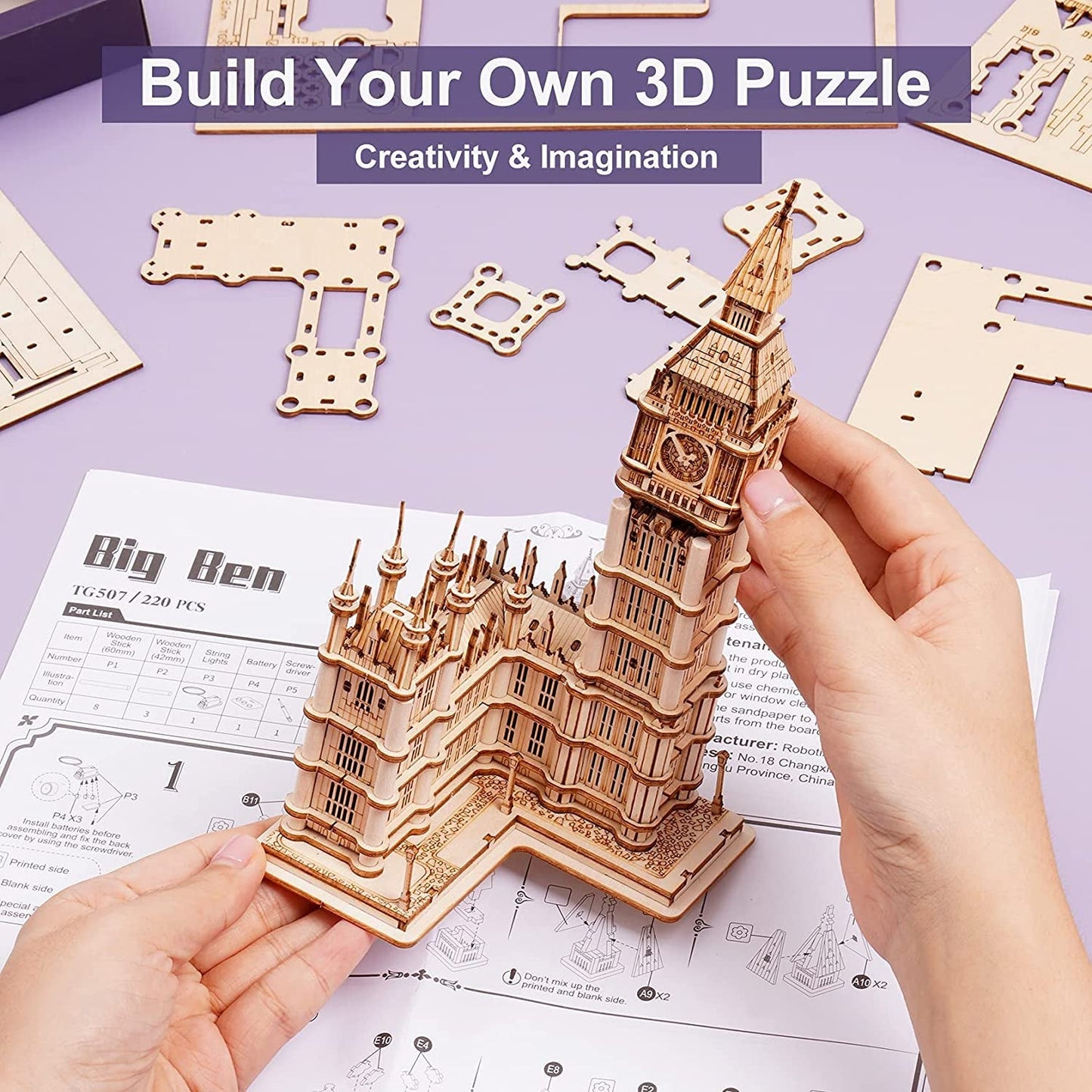 3D Puzzle for Adults Wooden Craft Kits for Teens DIY Construction Model Kit with LED Lights