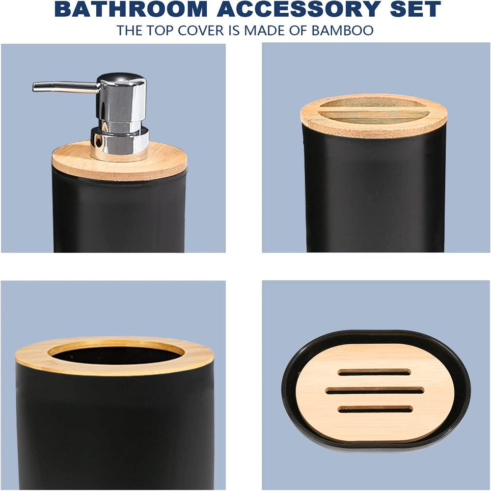 6 Pieces Bath Set- Soap Dish Toothbrush Holder Rinse Cup Lotion Bottle Trash Can Toilet Brush - Practical Toilet Kit for Home Washing Room，Black
