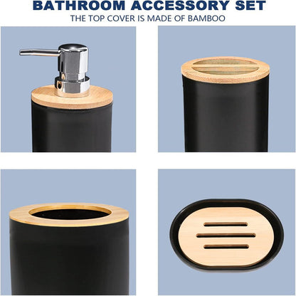 6 Pieces Bath Set- Soap Dish Toothbrush Holder Rinse Cup Lotion Bottle Trash Can Toilet Brush - Practical Toilet Kit for Home Washing Room，Black