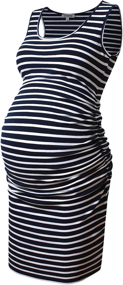  Maternity Tank Dress Bodycon Sleeveless Casual Short Ruched Midi Fitted Dress for Pregnant Women