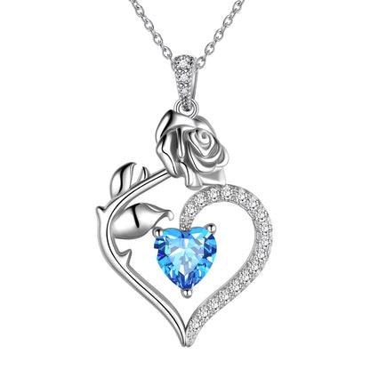 925 Sterling Silver Birthstone Necklace -  Rose Flower Heart Pendant with Chain
