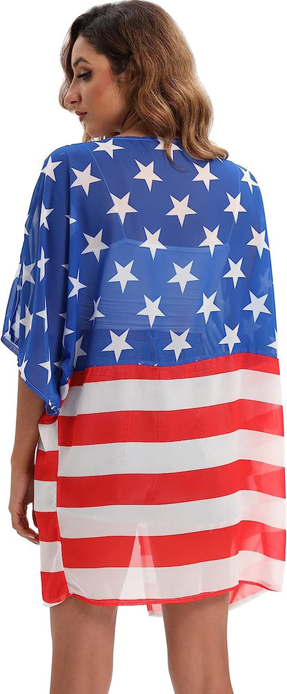 Women's American Flag Kimono Cover up Beachwear Cardigan Loose Tops Shirt Blouse