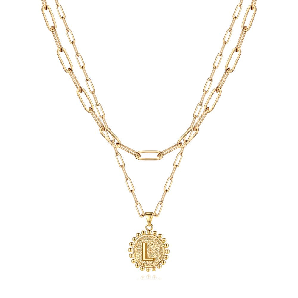 Gold Initial Necklaces for Women Girls 14K Gold Plated Dainty Layering Paperclip Link Chain Necklace Coin Initial Layered Gold Necklaces for Women