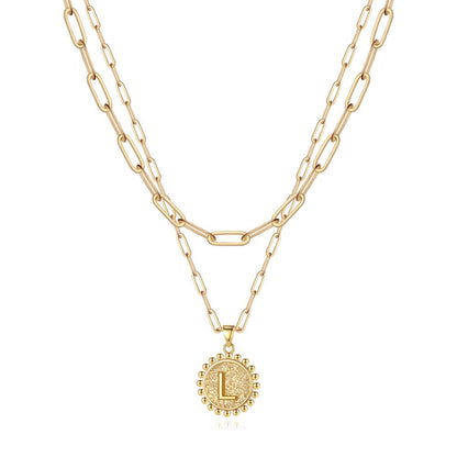Gold Initial Necklaces for Women Girls 14K Gold Plated Dainty Layering Paperclip Link Chain Necklace Coin Initial Layered Gold Necklaces for Women