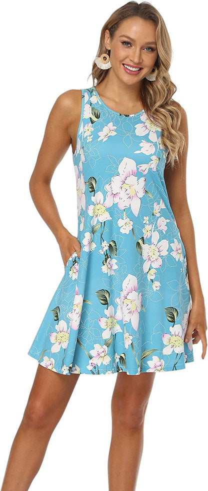 Qurvoo Women's Short Summer Casual Dress Floral Tank Sleeveless/Short Sleeve Dress with Pockets