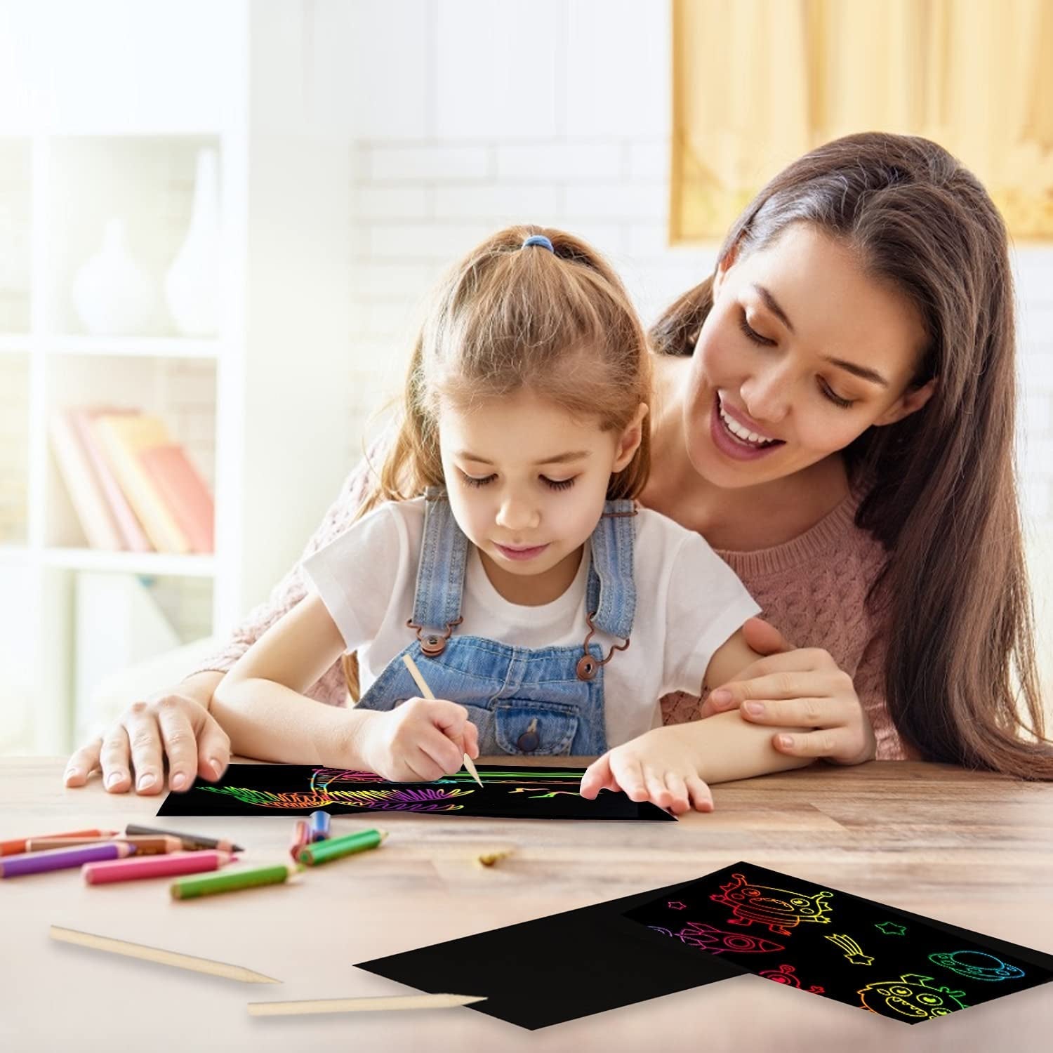 Scratch Paper Art Set for Kids Rainbow Magic Scratch Off Paper Black Scratch Sheets Notes Cards Boards Doodle Pads Childrens Arts and Crafts Projects Kit for Girls Boys Adults Birthday Christmas Gift