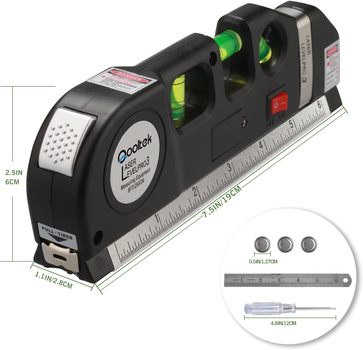 Laser Level Line Tool, Qooltek Multipurpose Cross Line Laser 8 feet Measure Tape Ruler Adjusted Standard and Metric Rulers for hanging pictures