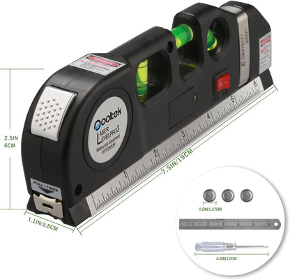 Laser Level Line Tool, Qooltek Multipurpose Cross Line Laser 8 feet Measure Tape Ruler Adjusted Standard and Metric Rulers for hanging pictures