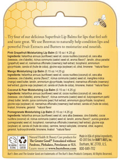 100% Natural Moisturizing Lip Balm with Beeswax, Superfruit, 4 Tubes