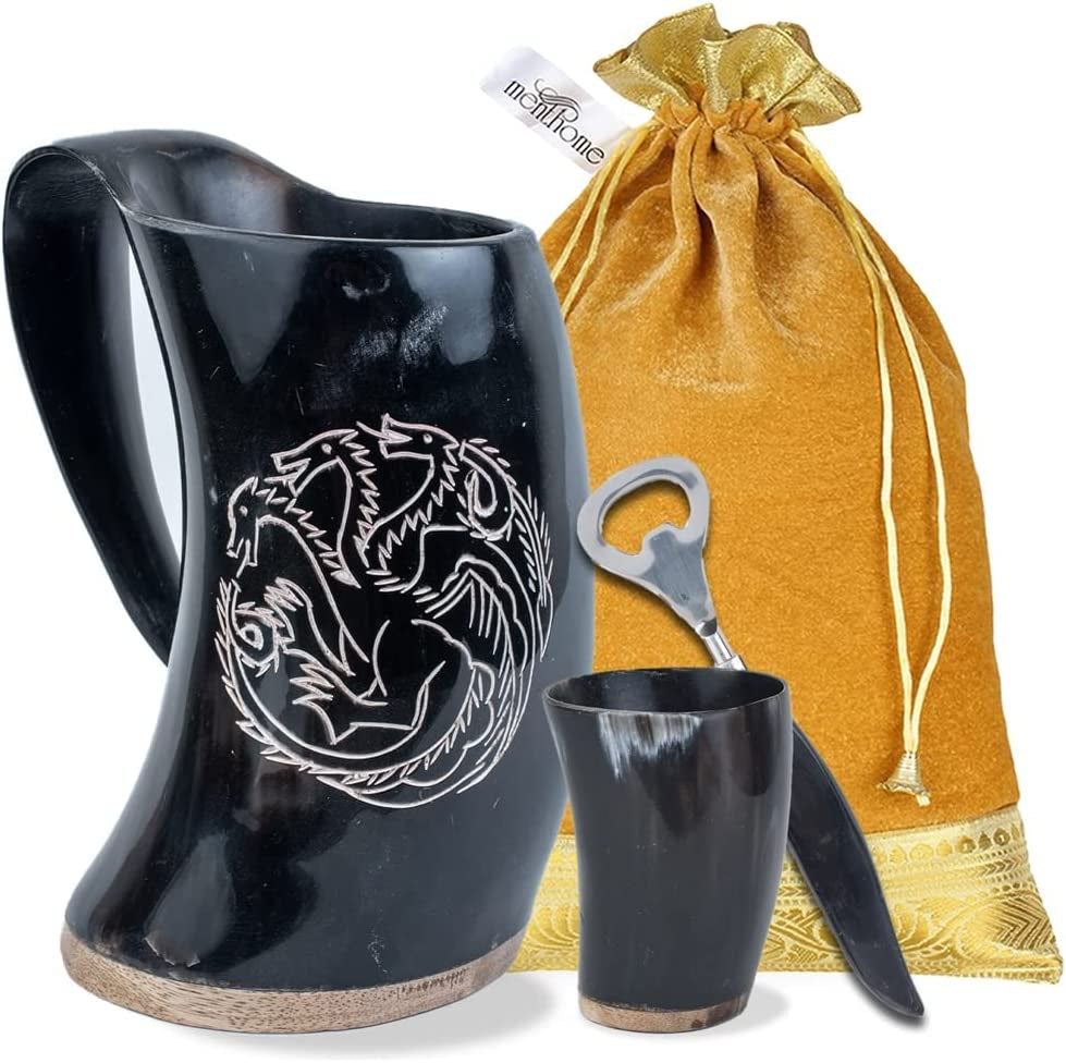 Engraved Medieval Norse Style Polished Drinking Horn Mug - with Horn Shot Glass | Bottle Opener | Golden Gift Bag | Large Horn Spoon | 20 Oz. (Carved Mug)