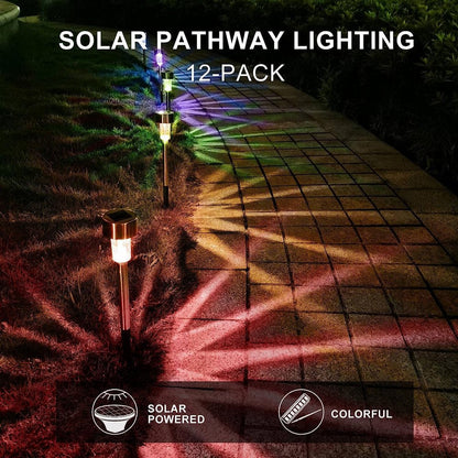 12 Pack Outdoor Solar Lights Solar Landscape Lights, Stainless Steel LED Outdoor Lighting, Waterproof Garden Lights for Walkway, Terrace, Multicolor