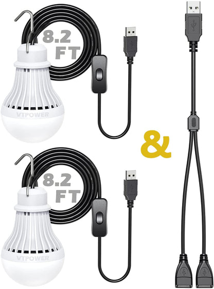  USB LED Light Bulb Camping Latern Outdoor Light with Simple Switch, Portable LED Bulb 5V 5W for Garage Warehouse Car Truck Fishing Boat Outdoor Emergency Light White Lamp 2.5m/8.2ft…