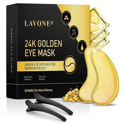 30 Pairs 24K Gold Under Eye Mask - Eye Masks for Dark Circles and Puffiness, Reduce Wrinkles, Eye Bags and Fine Lines, Under Eye Patches Skin Care for Women and Man, with Hair Clips.