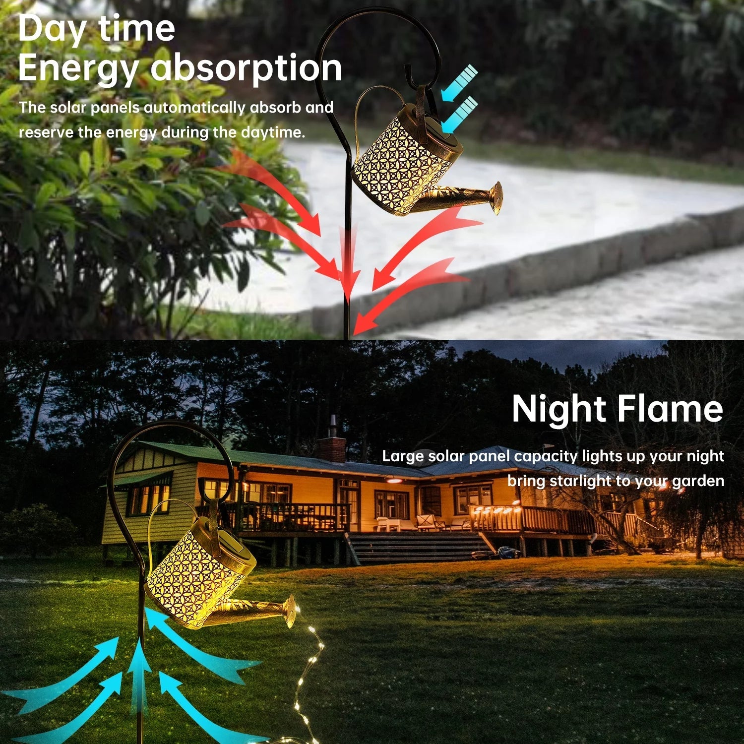 Solar Waterfall Watering Can with Garden Lights & Shepherd Hook