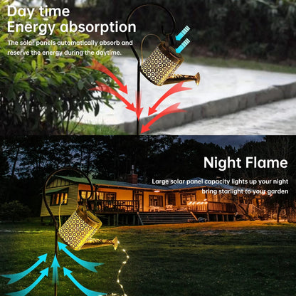 Solar Waterfall Watering Can with Garden Lights & Shepherd Hook