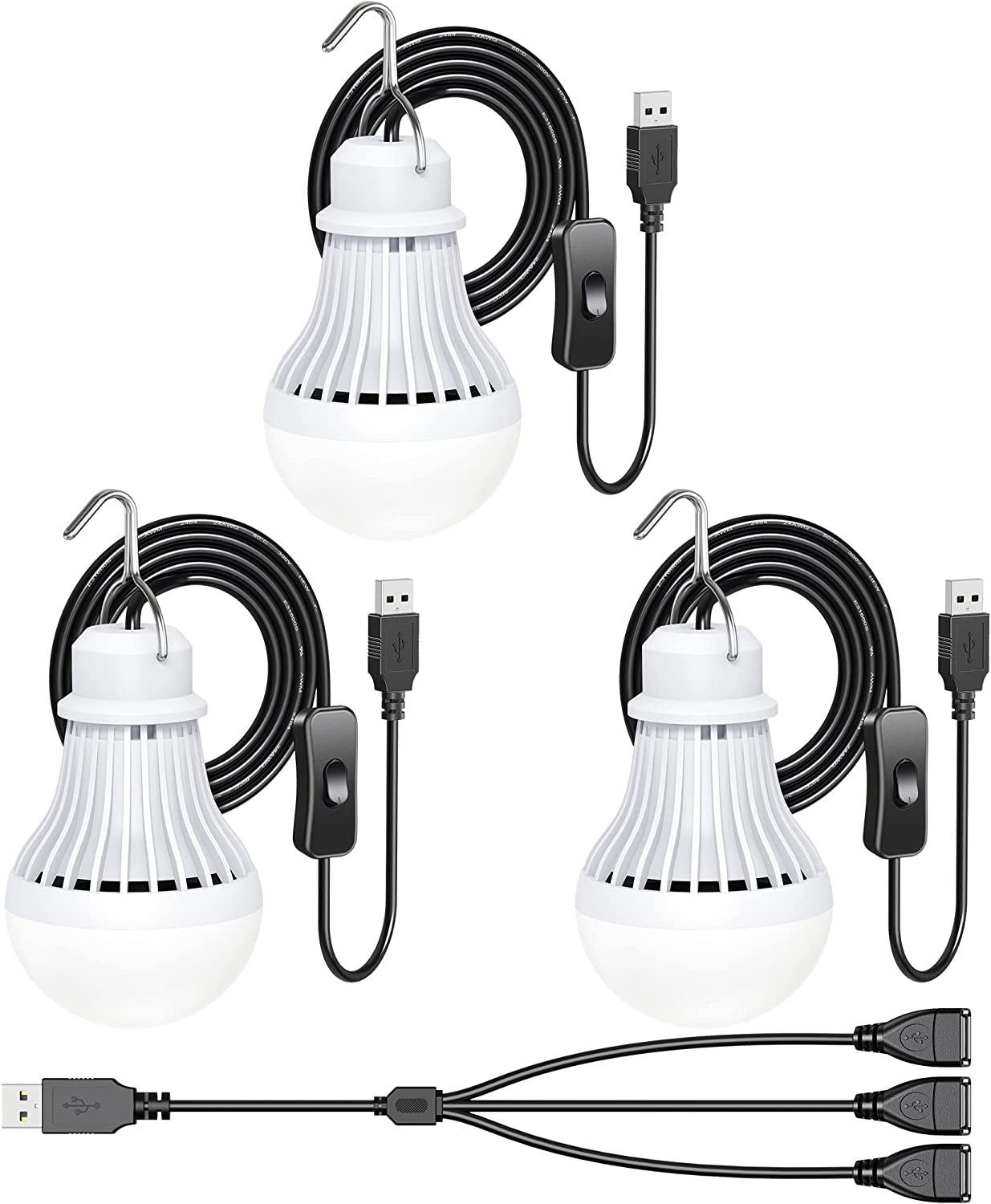  USB LED Light Bulb Camping Latern Outdoor Light with Simple Switch, Portable LED Bulb 5V 5W for Garage Warehouse Car Truck Fishing Boat Outdoor Emergency Light White Lamp 2.5m/8.2ft…