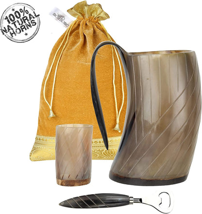 Engraved Medieval Norse Style Polished Drinking Horn Mug - with Horn Shot Glass | Bottle Opener | Golden Gift Bag | Large Horn Spoon | 20 Oz. (Carved Mug)