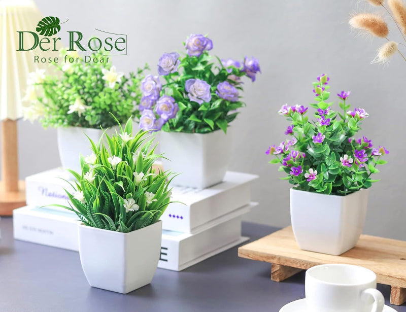 Pack of Mini Artificial Plants with Flowers, Small Faux Plants for Indoor Decor