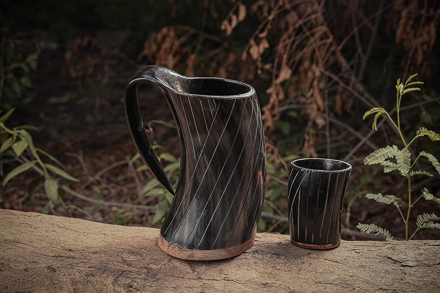 Engraved Medieval Norse Style Polished Drinking Horn Mug - with Horn Shot Glass | Bottle Opener | Golden Gift Bag | Large Horn Spoon | 20 Oz. (Carved Mug)