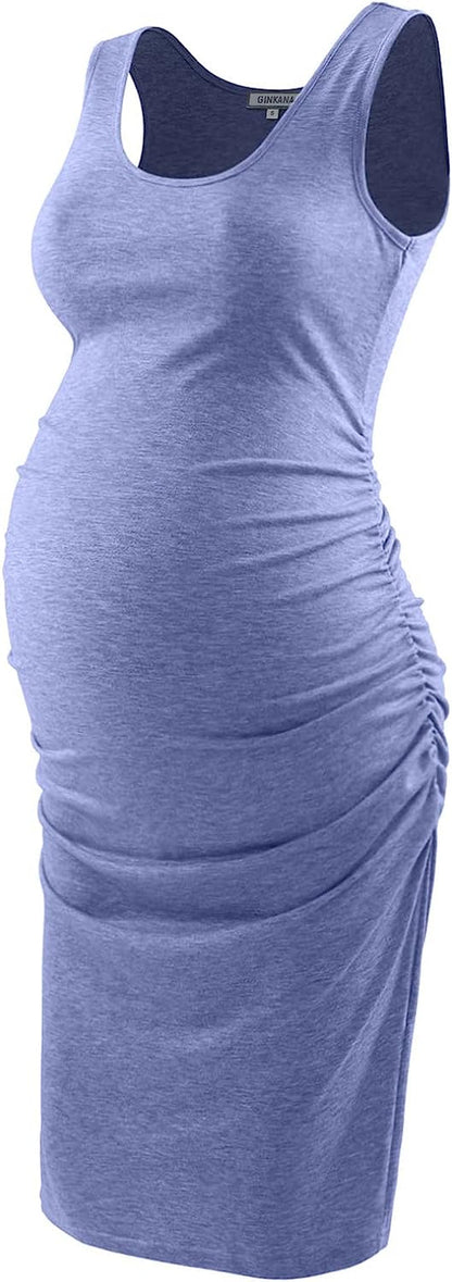  Maternity Tank Dress Bodycon Sleeveless Casual Short Ruched Midi Fitted Dress for Pregnant Women