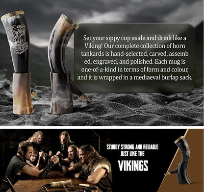 Viking Drinking Horn Mug | Handmade Drinking Horn with Mjolnir Engraved Tankard | Food Safe Medieval Game of Thrones Horn | For Hot & Cold Drink (1 Piece)