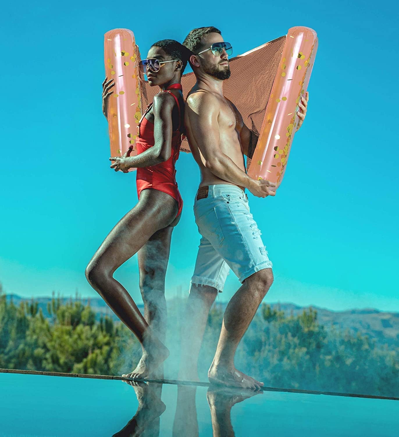  Inflatable Water Hammock - Luxurious Pool Float Lounger Filled with Confetti, 4-in-1 Exercise Saddle, Lounge Chair, Hammock, & Drifter, Great for Beach & Swimming Pool - 56" x 30"