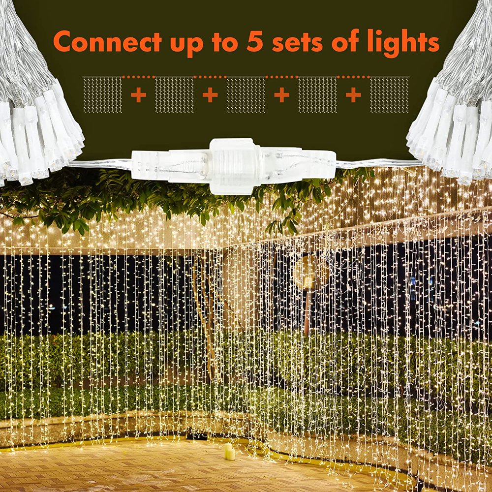 300 LED Window Curtain String Lights For  Wedding, Party, Home, Garden, Bedroom, Warm White