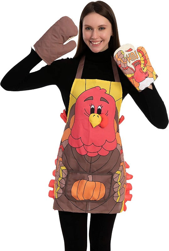 4 Pc Set of Thanksgiving Kitchen Linens- Apron, Oven Mitts and Pot Holder