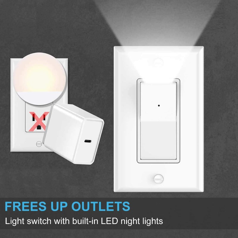 4 Pack Illuminated Light Switches, Automatic On/Off Sensor, Single Pole, 15Amp 120/277Volt, White