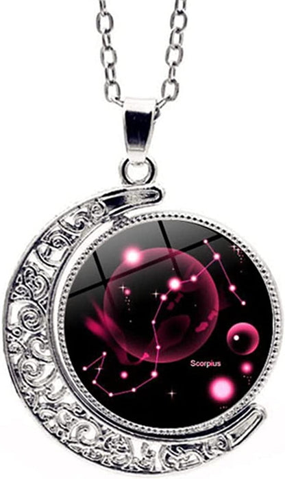 Zodiac Necklace Jewelry Birthday Gifts Astrology 12 Constellation Horoscope Sign Galaxy Crescent Half Moon Pendant Necklace