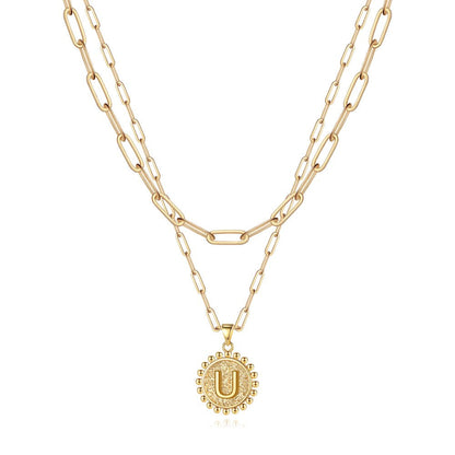 Gold Initial Necklaces for Women Girls 14K Gold Plated Dainty Layering Paperclip Link Chain Necklace Coin Initial Layered Gold Necklaces for Women