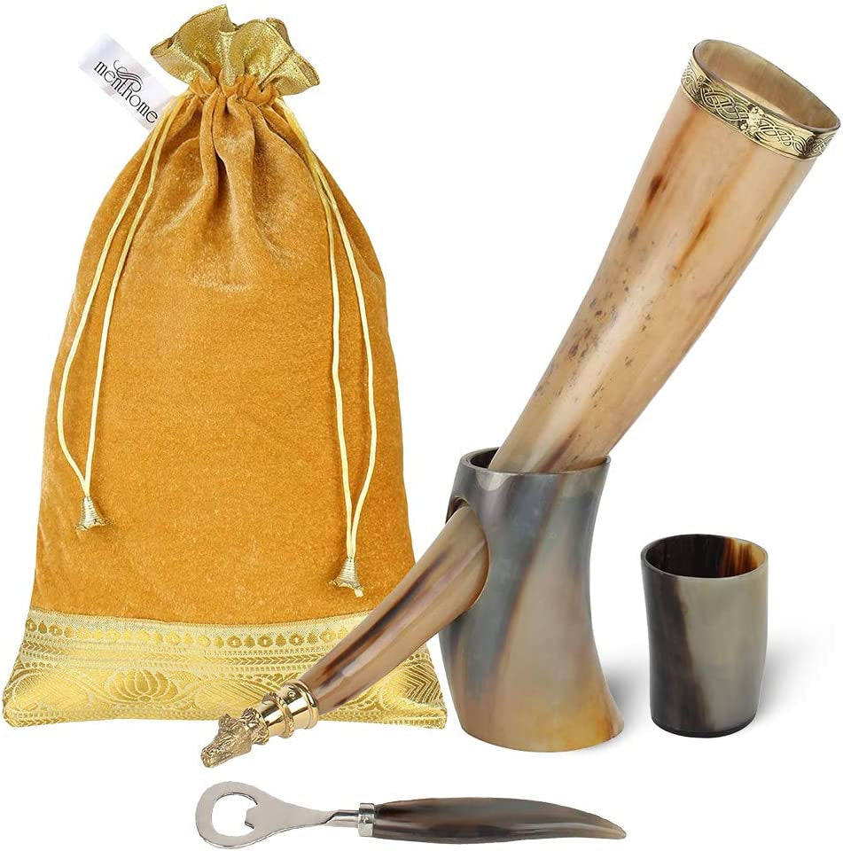 Engraved Medieval Norse Style Polished Drinking Horn Mug - with Horn Shot Glass | Bottle Opener | Golden Gift Bag | Large Horn Spoon | 20 Oz. (Carved Mug)