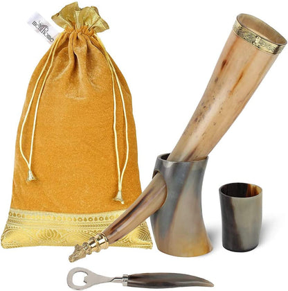Engraved Medieval Norse Style Polished Drinking Horn Mug - with Horn Shot Glass | Bottle Opener | Golden Gift Bag | Large Horn Spoon | 20 Oz. (Carved Mug)