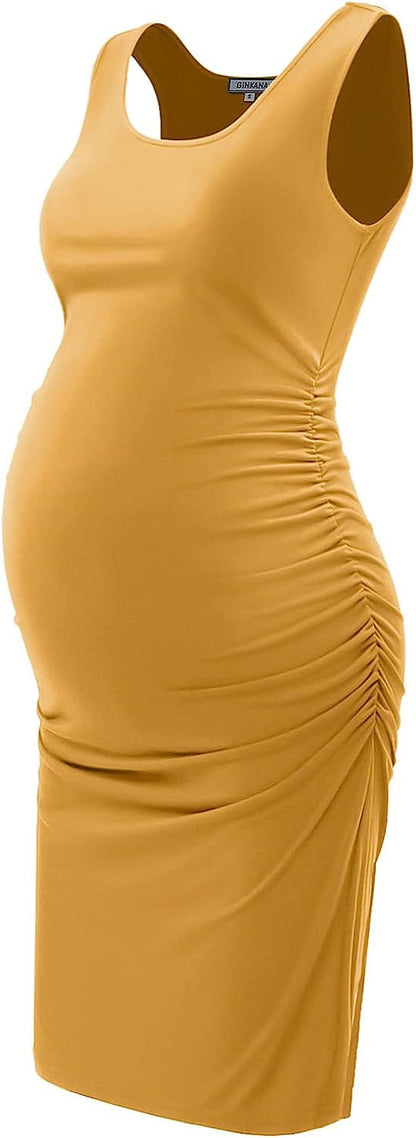  Maternity Tank Dress Bodycon Sleeveless Casual Short Ruched Midi Fitted Dress for Pregnant Women